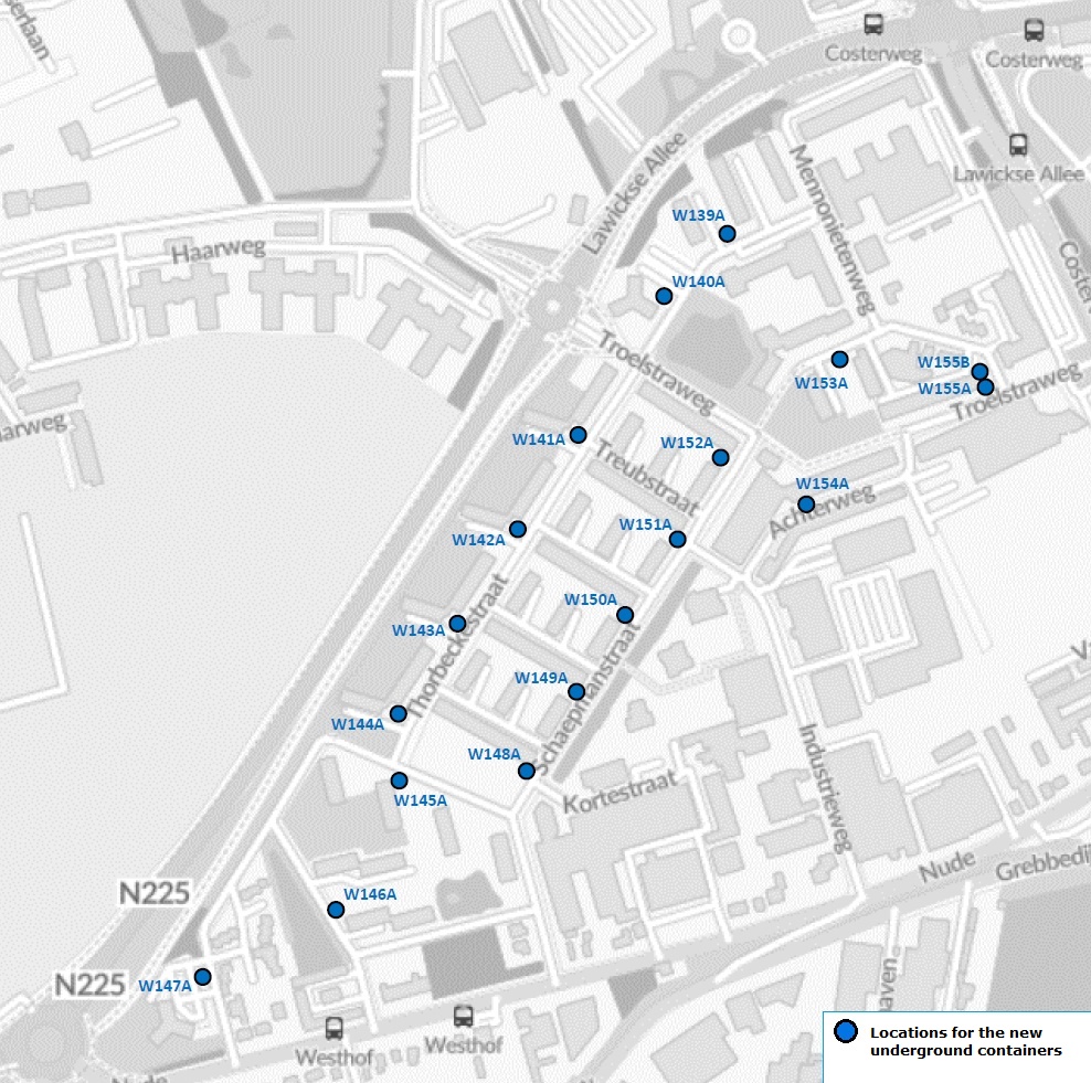 On this map, you can see the locations of waste containers in the Nude neighborhood in Wageningen. The map displays strategically placed containers for general waste. The map shows waste containers at the following locations: Thorbeckestraat near apartment numbers 50-80 Thorbeckestraat near apartment numbers 82-282 (parking place of the Thorbeckeflat) Thorbeckestraat near apartment numbers 274-330 Thorbeckestraat near apartment numbers 342-398 Thorbeckestraat near apartment numbers 410-466 Thorbeckestraat near apartment numbers 478-534 Groen van Prinsterenstraat near apartment numbers 67-97 Van Houtenstraat parking place Albardaweg Schaepmanstraat near apartment numbers De Sarvornin Lohmanstraat 1-79 Schaepmanstraat near apartment numbers Abraham Kuyperstraat 1-79 Schaepmanstraat near apartment numbers Cort van der Lindenstraat 1-79 Schaepmanstraat near apartment numbers Treubstraat 1-79 Schaepmanstraat near apartment numbers Troelstraweg 1-79 Schaepmanstraat between apartments 1-31 and apartments 33-63 Achterweg in place of the current containers Troelstraweg near apartment nummers 4-82